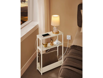 Side Table with Power Strip, Narrow 3-Tier Side Table, Side Table for Small Spaces with Magazine Rack