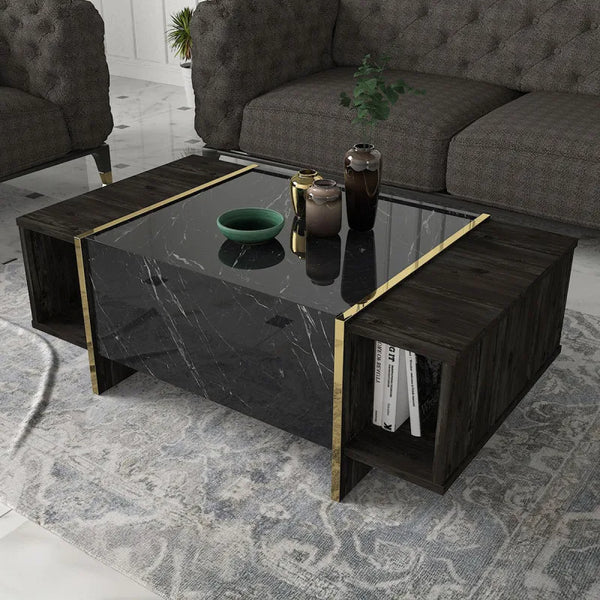 Modern Nero Marble & Gold Accented Coffee Table - Karrari