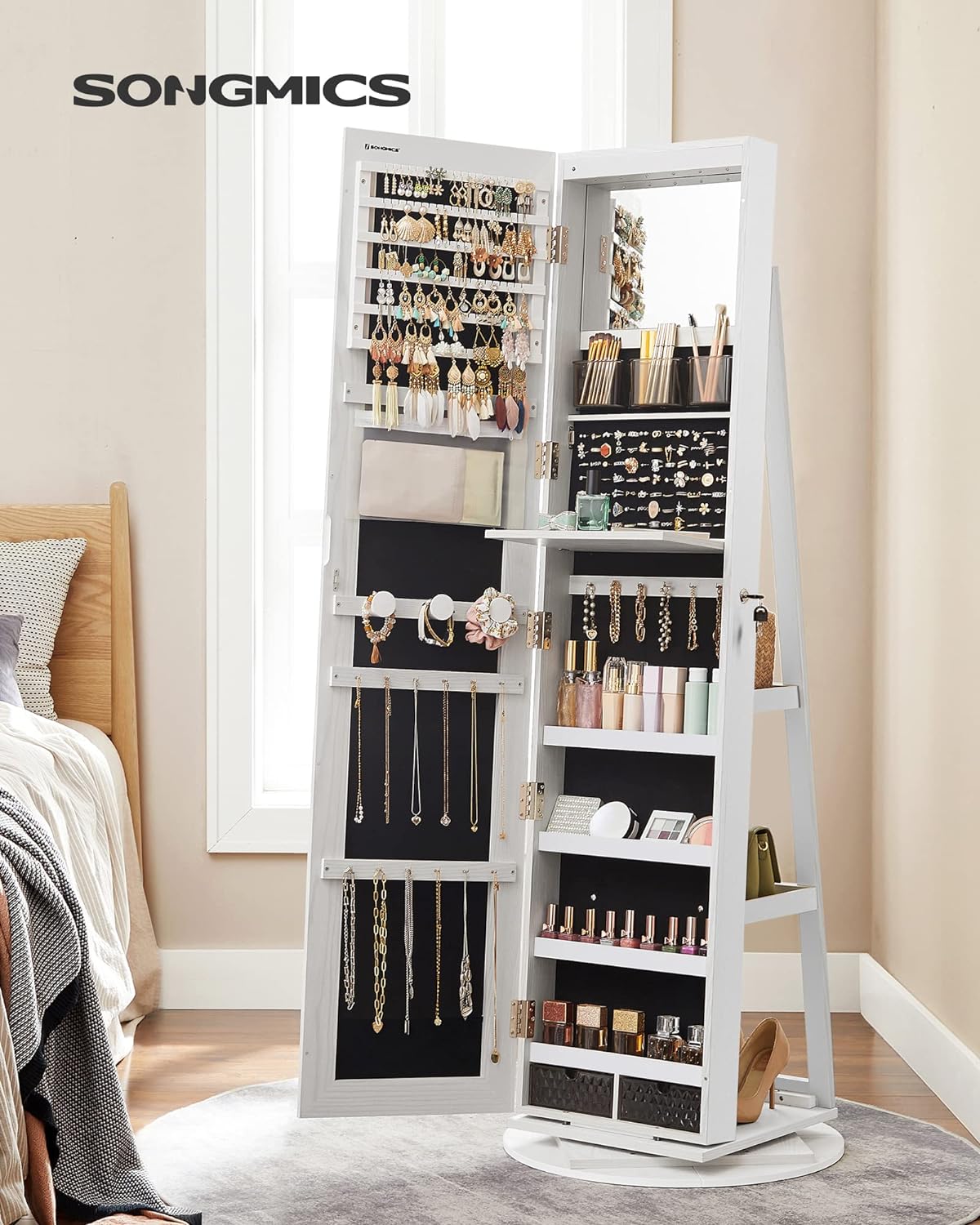 Jewellery Cabinet with Frameless Full Body Mirror, 3 Shelves, 360° Rotation, with lights.