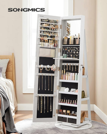 Jewellery Cabinet with Frameless Full Body Mirror, 3 Shelves, 360° Rotation, with lights.