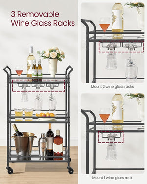 Black Bar Cart with 3-Tier Mirrored Shelves