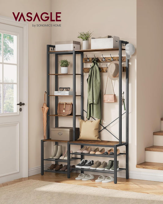 Hall Tree with Bench and Shoe Storage, Hallway Coat Rack with Shoe Bench and 5 Storage Shelves, 9 Coat Hooks and 6 Side Hooks