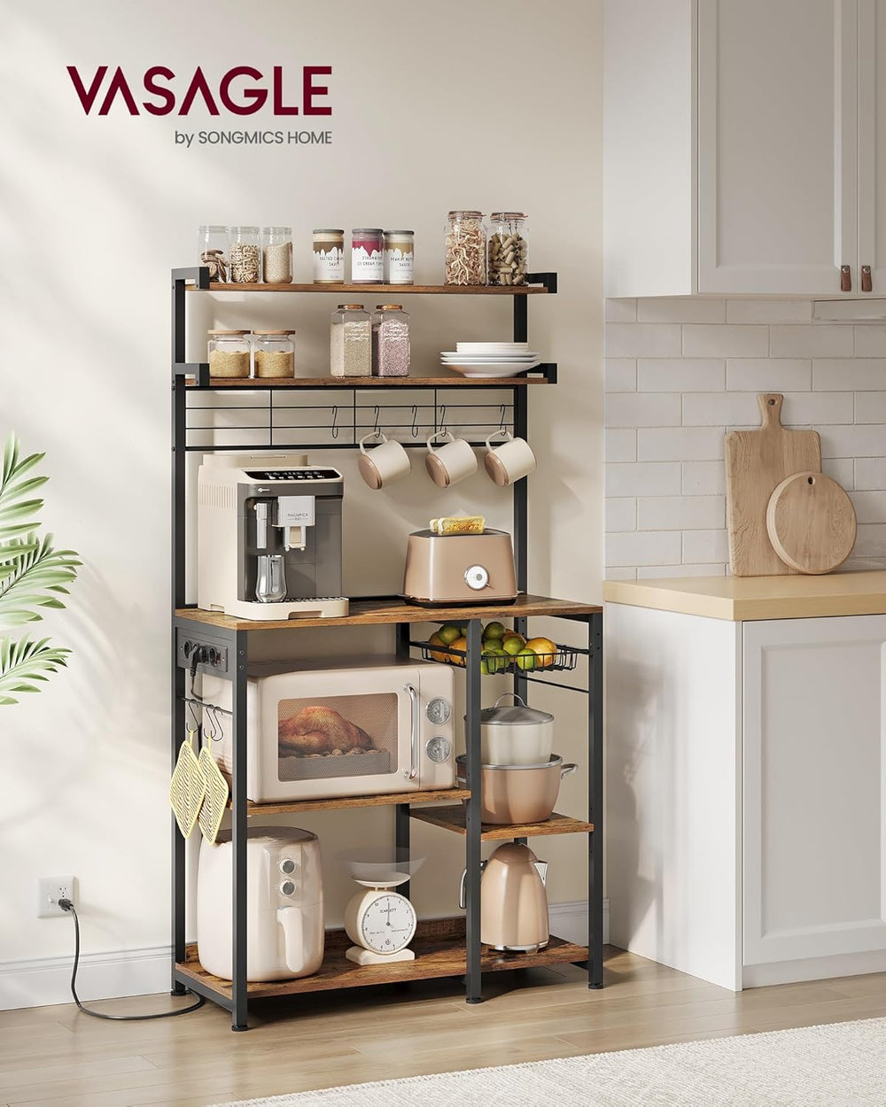 Kitchen Rack with Outlets – Vintage Brown/Ink Black