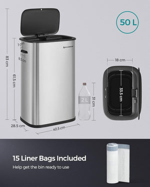 50L Stainless Steel Sensor Bin with Soft-Close Lid
