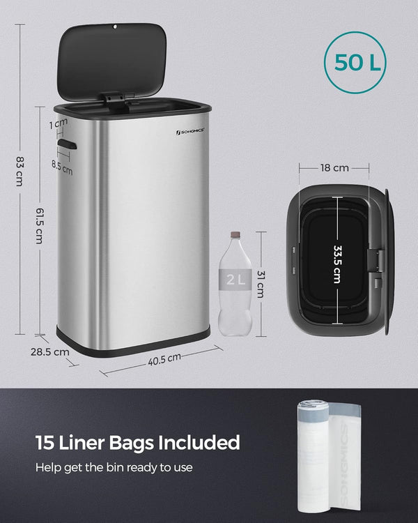 50L Stainless Steel Sensor Bin with Soft-Close Lid