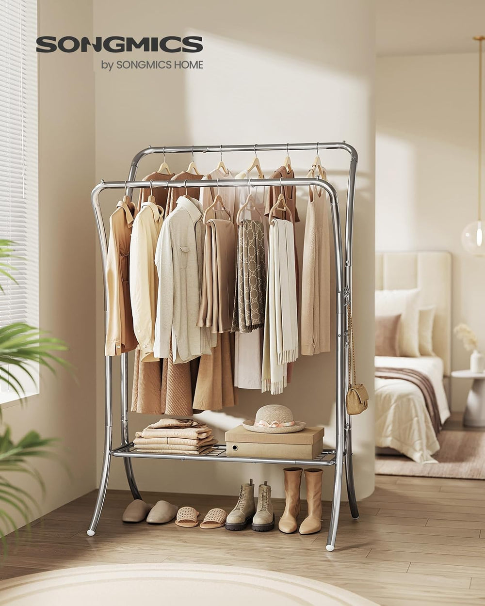 Silver Metal Clothes Rack with Shelf & Hooks - Karrari
