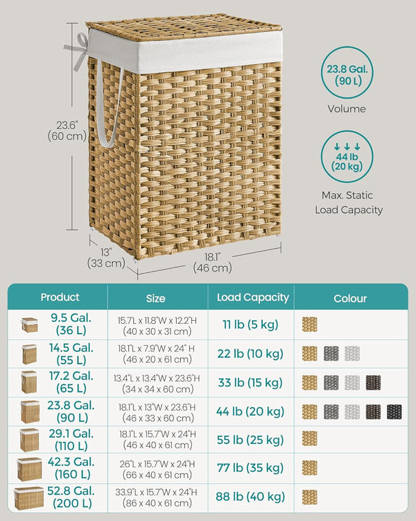 90L Foldable Rattan Laundry Basket with Lid & Handles - Karrari