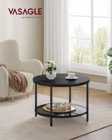 Coffee Table, Living Room Table, Sofa Cocktail Table Faux Marble Round, Tempered Glass Storage Shelf