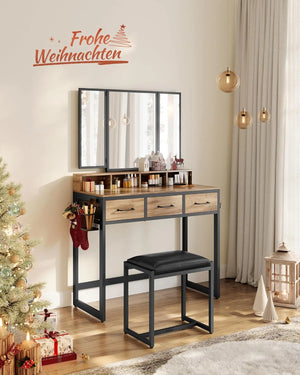 Makeup Table with Folding Mirror, Stool & Drawers