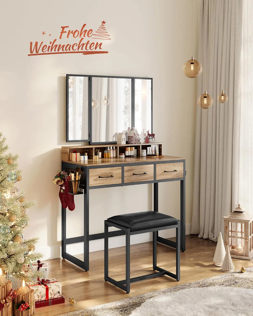 Makeup Table with Folding Mirror, Stool & Drawers