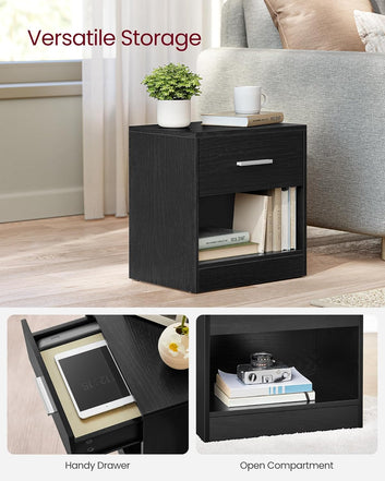 Bedside Table, Side Table with Drawer, Handle, Open Compartment, End Table