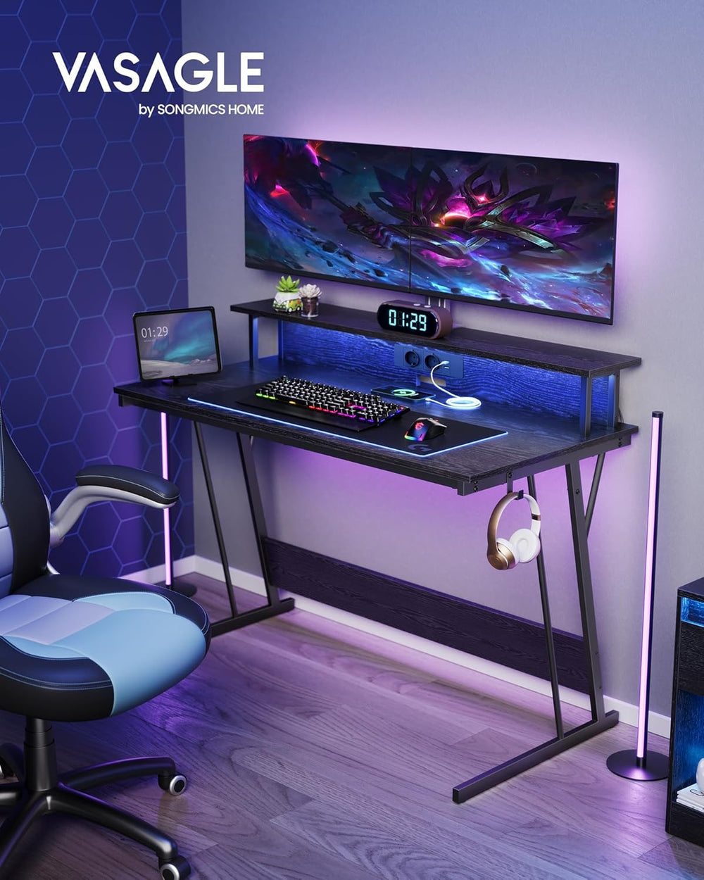 Gaming Desk with Power Strip & Dual Monitor Stand - Karrari