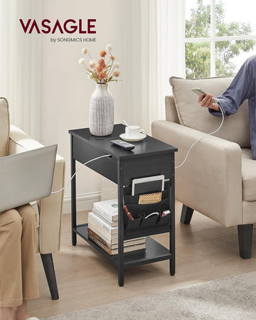 Side Table with Power Strip, Narrow Side Table with USB Ports