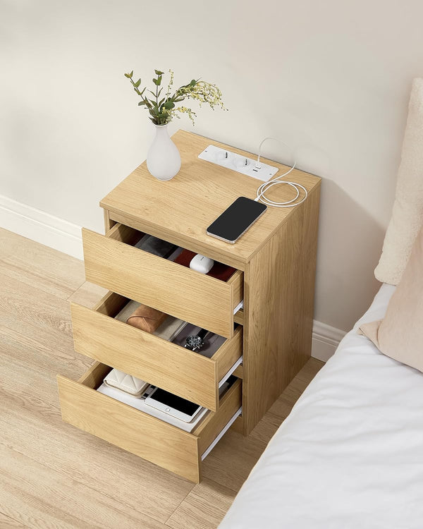 3-Drawer Bedside Table with Charging Ports