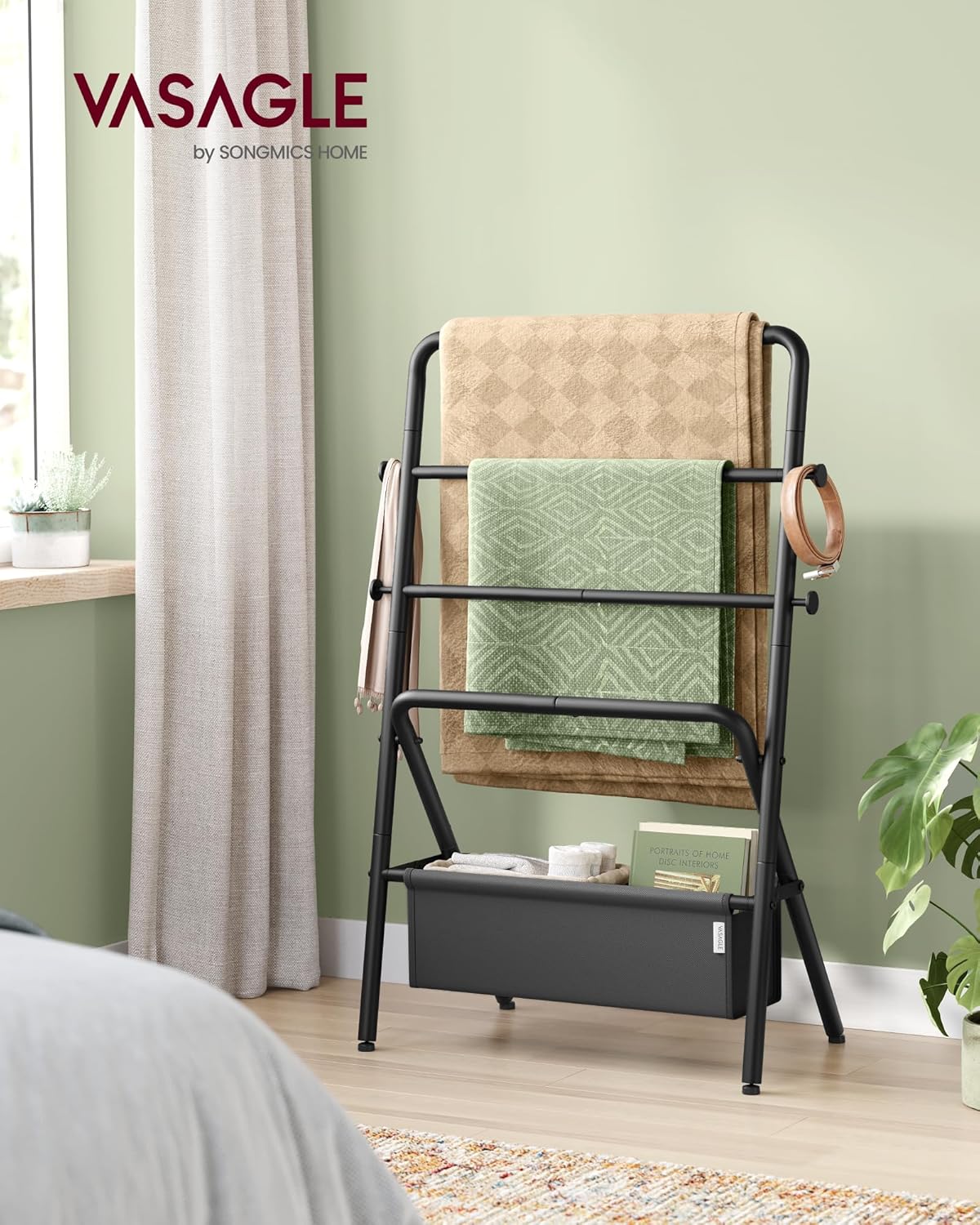 Freestanding Towel Rack, Foldable Blanket Holder, Towel Holder with 4 Hooks, Fabric Basket