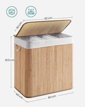 150L 3-Section Foldable Laundry Hamper - Lid & Handles