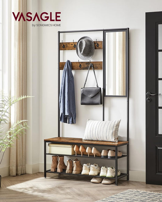 Coat Rack with Shoe Storage, Coat Stand for Hallway with Mirror, Hooks, Bench, and Shoe Shelves, 35 x 98 x 180 cm