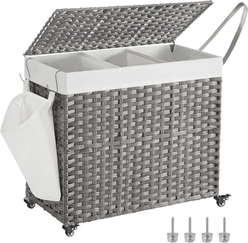 Laundry Basket with Lid, 160 L, Laundry Hamper, 3 Compartments, Laundry Sorter with Wheels, Rattan Look