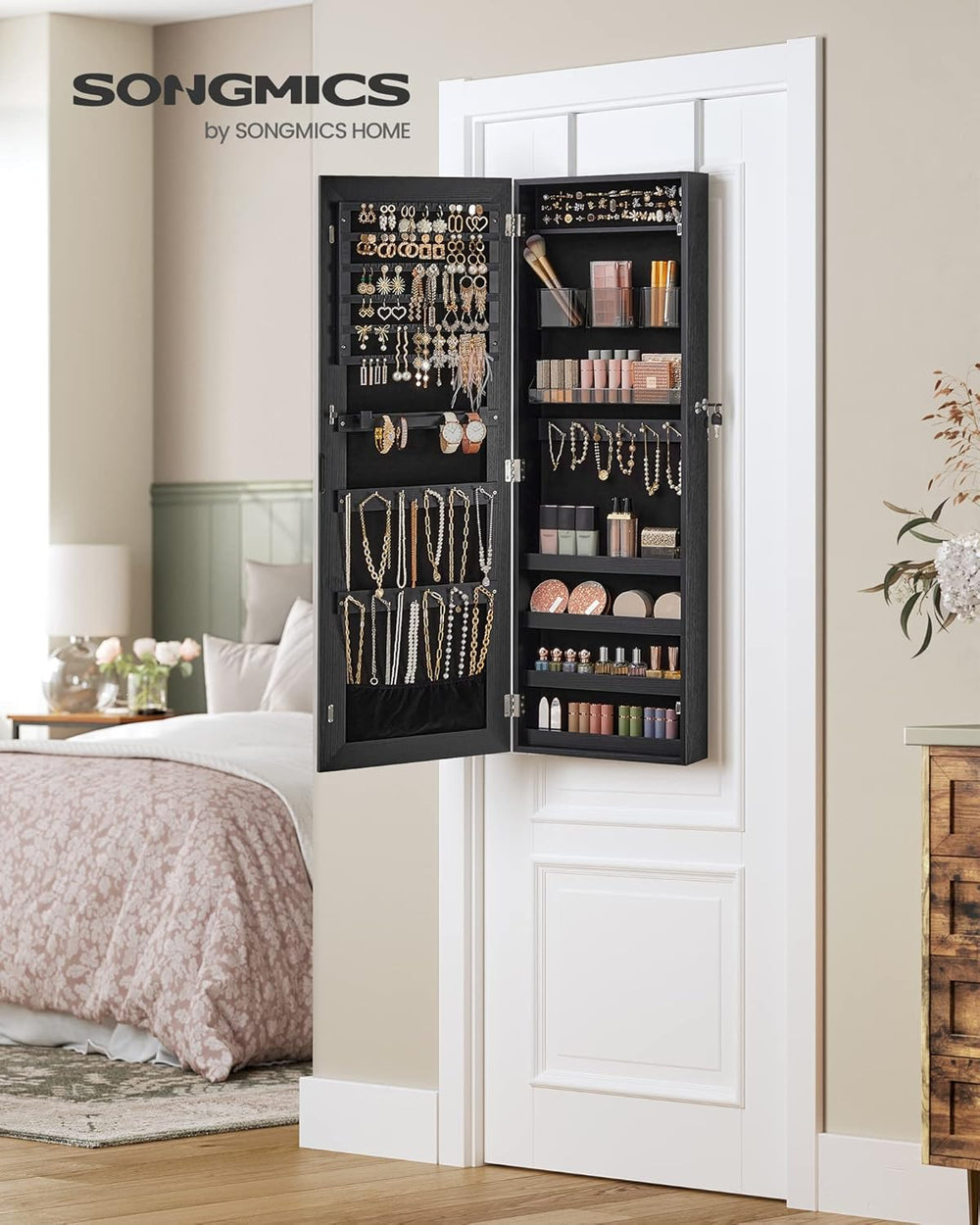 Wall Mounted Lockable Jewellery Cabinet with Mirror