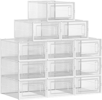 Shoe Boxes, Pack of 12 Stackable Shoe Storage Organisers, Foldable and Versatile for Sneakers, Fit up to UK Size 11