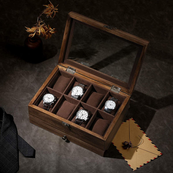 8-Slot 2-Tier Wooden Watch Box - Glass Lid - Karrari