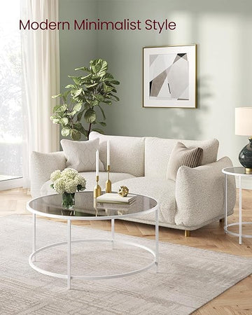 Round Coffee Table for Living Room, Glass Coffee Table with Metal Frame, Modern Coffee Table, Pearl White and Slate Grey