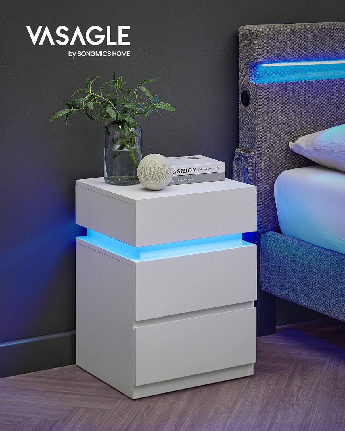 White bedside table with LED lighting, Modern Side table