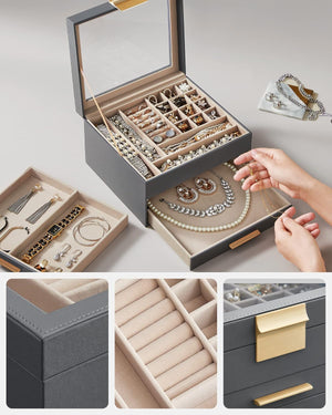 3-Layer Jewellery Box with Glass Lid & 2 Drawers