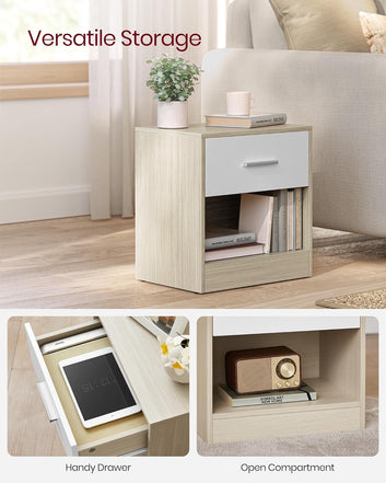Bedside Table, Side Table with Drawer, Handle, Open Compartment, End Table