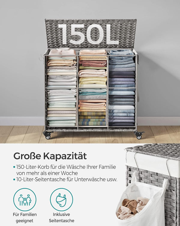 160L 3-Compartment Laundry Hamper - Lid & Wheels - Karrari