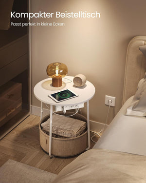 Round Side Table with Charging Station & Basket