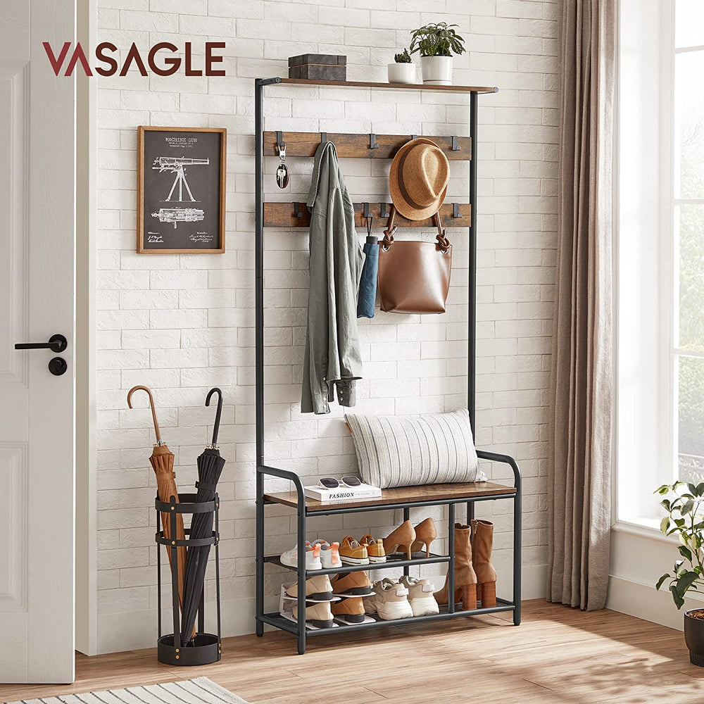 “Coat Rack Stand with Bench, Shoe Storage & 9 Hooks - Karrari