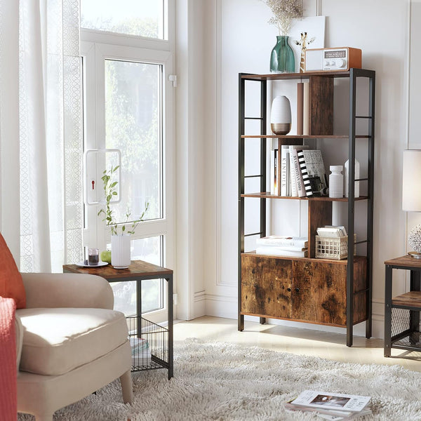 Industrial Bookcase with Doors, Shelves, Steel Frame