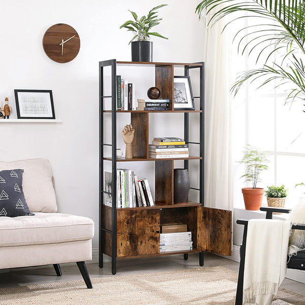 Industrial Bookcase with Doors, Shelves, Steel Frame