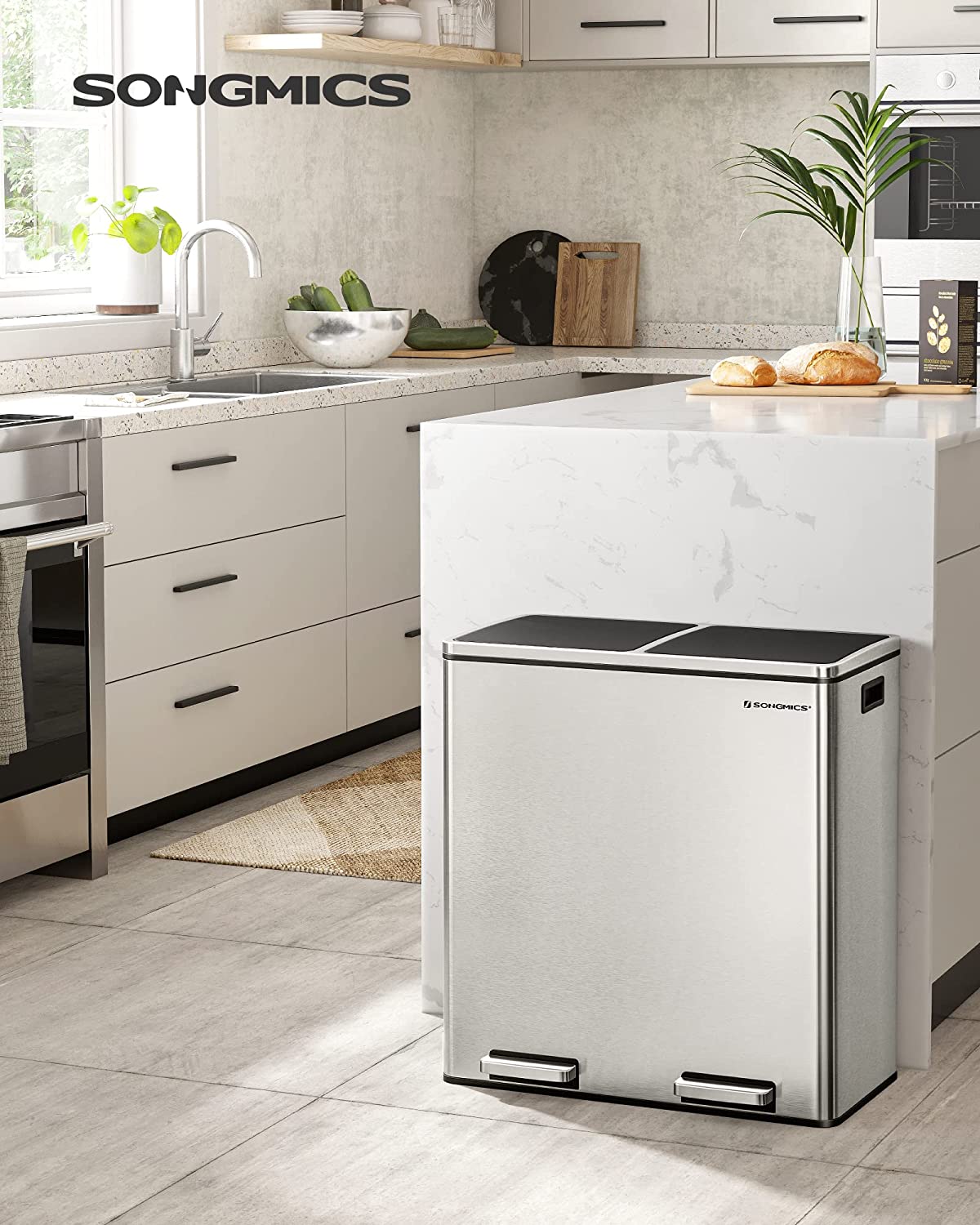 2 x 30 l double bin, with 15 rubbish bags, metal pedals, 2 compartments