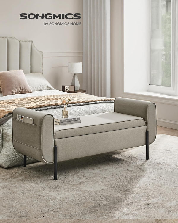 Camel Brown Storage Ottoman Bench with Armrests