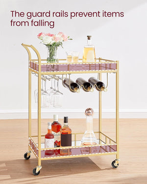 Gold Bar Cart with 2 Mirrored Shelves & Wine Holders - Karrari