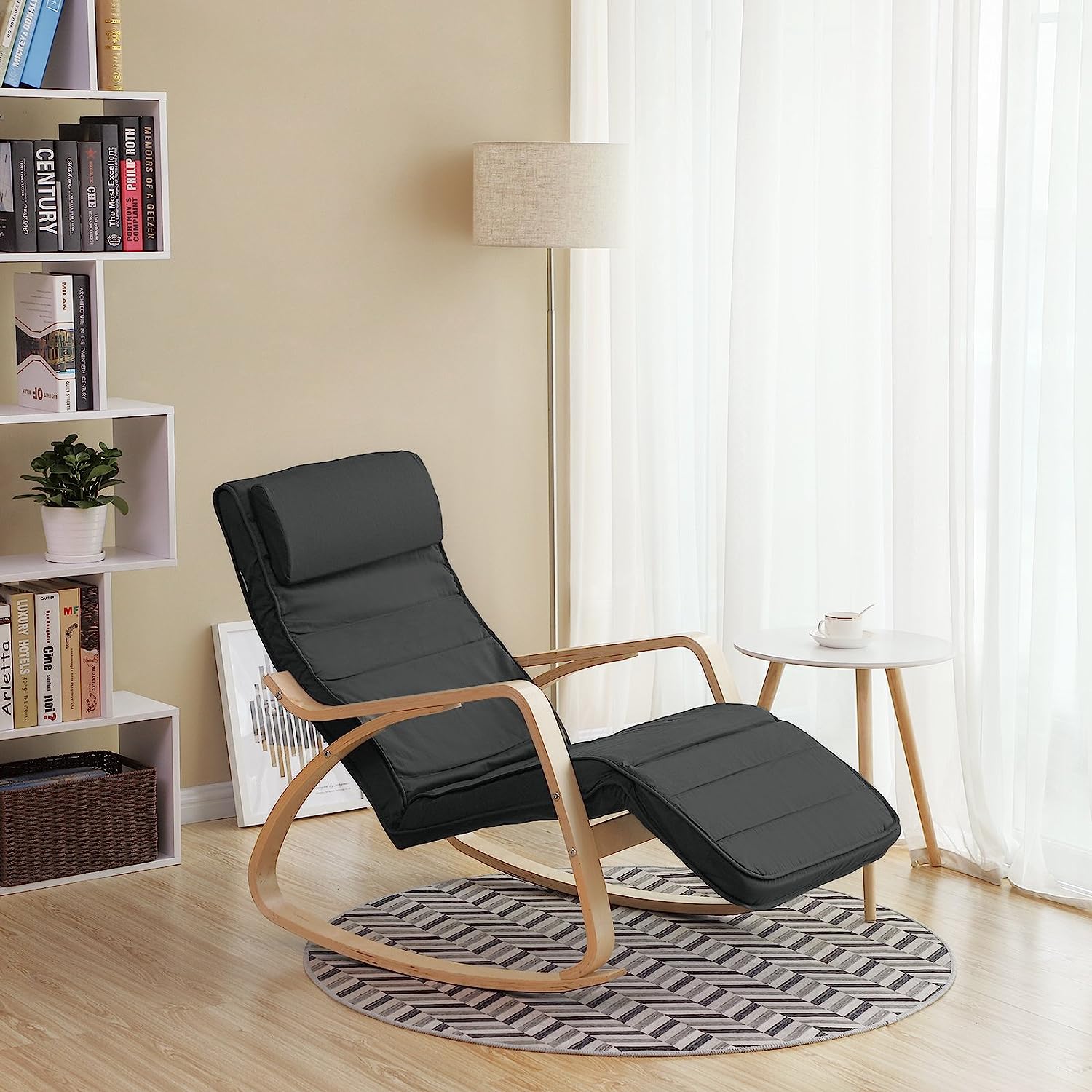 Rocking Chair with Birch Arms Rocking Chair, Dark Grey, 5-Level Adjustable Footrest, Maximum Load 150 kg