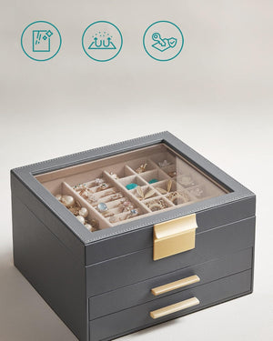 3-Layer Jewellery Box with Glass Lid & 2 Drawers