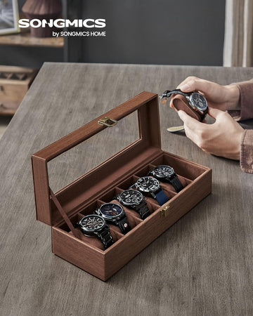 Watch Box for 6 Watches, Watch Box with Glass Lid, Velvet Watch Cushion, Watch Case with Lock