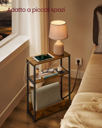 Side Table with Power Strip, Narrow 3-Tier Side Table, Side Table for Small Spaces with Magazine Rack