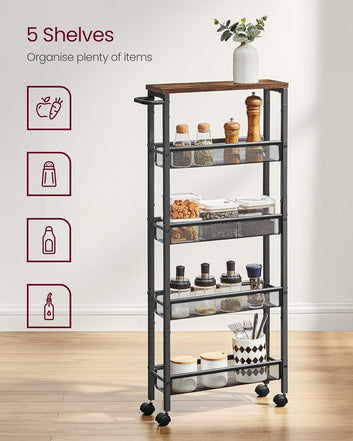 5-Shelf Trolley, Space-Saving Kitchen Cart with Castors, Steel Frame