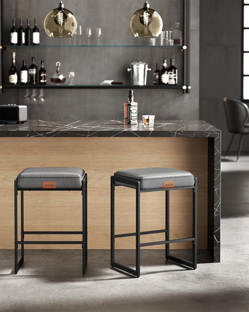 EKHO Collection - Bar Stools Set of 2, Counter Height Bar Stools, Synthetic Leather with Stitching, Mid-Century Modern, Grey