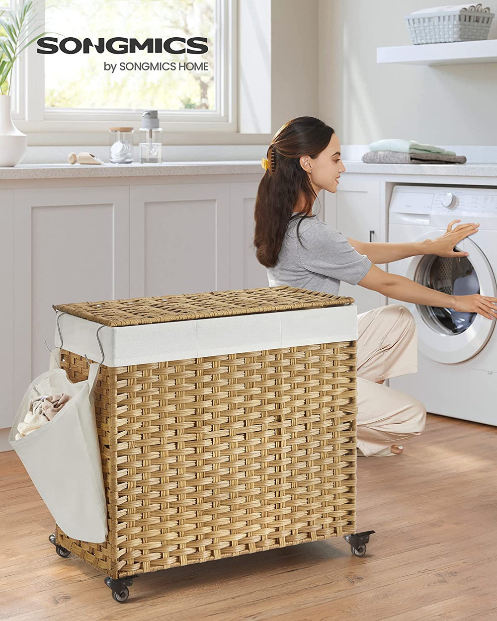 140L 3-Section Laundry Hamper - Lid & Wheels - Karrari
