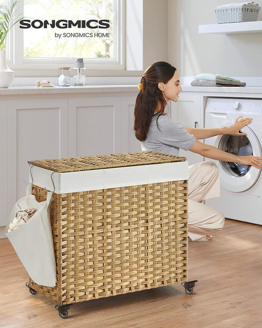 Laundry Hamper with Lid, 37 Gallon (140L), Rolling Laundry Basket with Wheels, 3-Section Synthetic Rattan Laundry Hamper