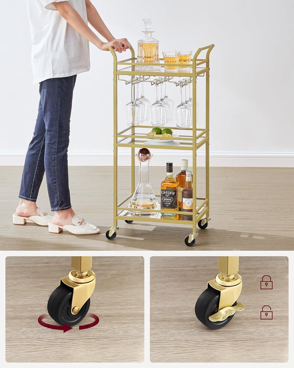 3-Tier Gold Bar Cart with Mirrored Shelves - Karrari
