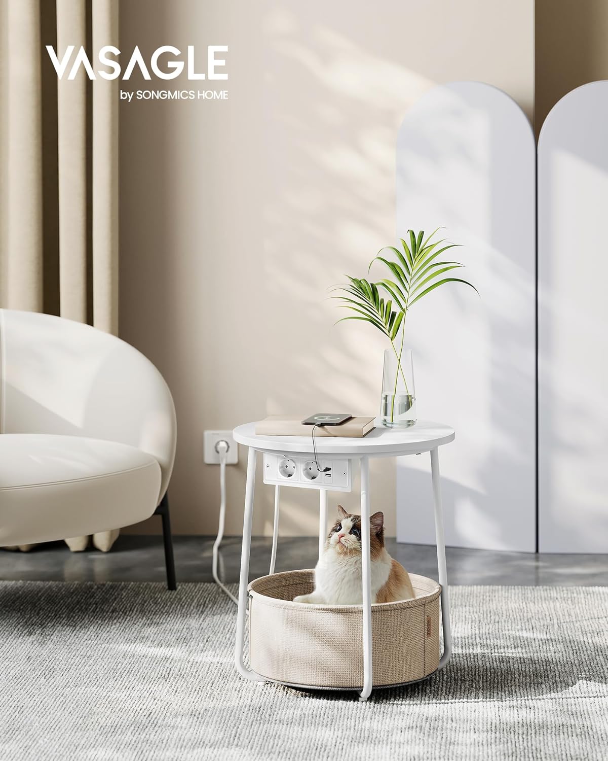 Round Side Table, Small Table, Coffee Table with Socket, Living Room Table, Fabric Basket, White and Cream