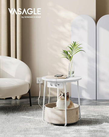 Round Side Table, Small Table, Coffee Table with Socket, Living Room Table, Fabric Basket, White and Cream