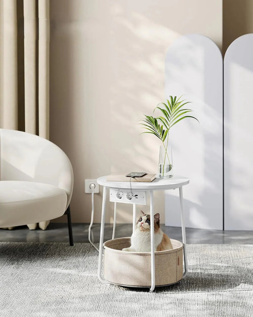 Round Side Table with Charging Station & Basket