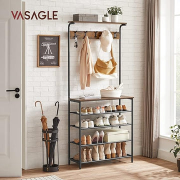 Clothes Rack, Hallway Tree with Shoe Storage, 5 Tier Shoe Rack, Different Height, 5 Double Hooks